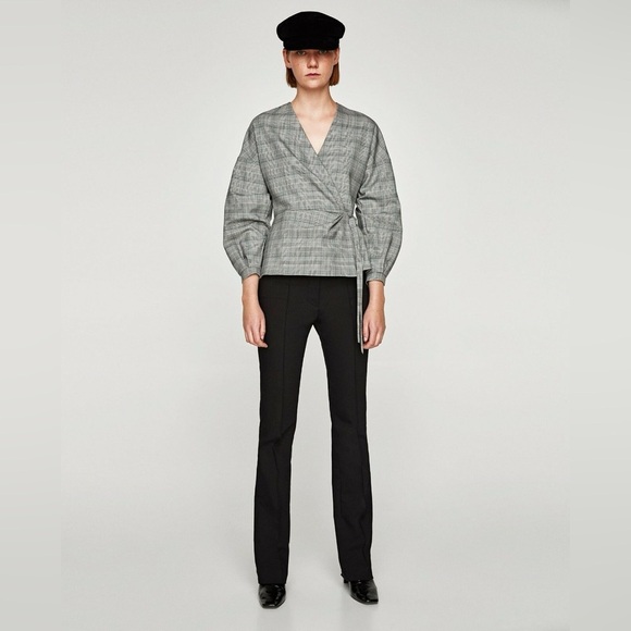 ZARA | Black and White Checkered Wrap Blouse Top Blazer with Puff Sleeves - Picture 14 of 16
